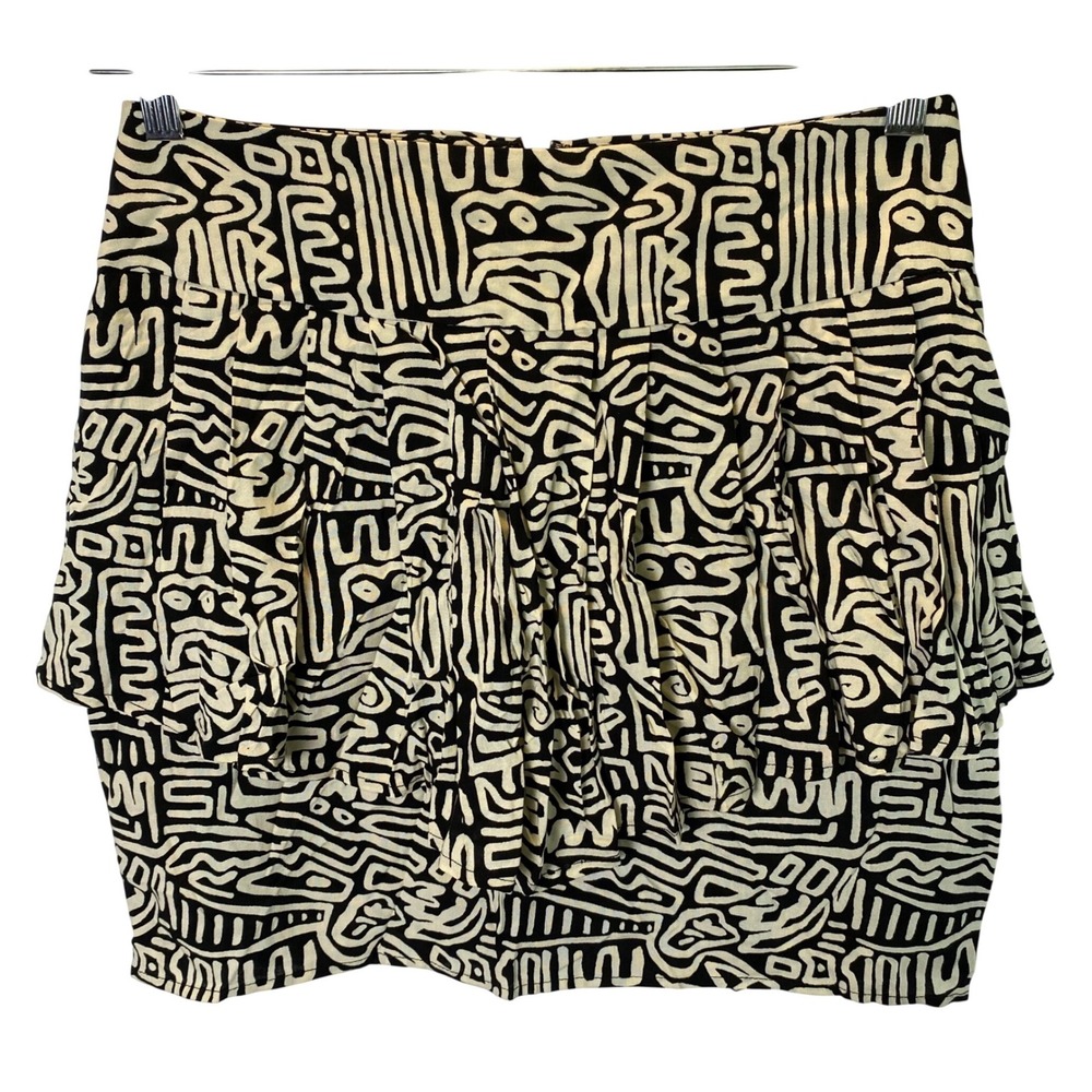 Ecote Abstract Tribal Tiered Ruffle Mini Skirt Women 8 Black White Boho Festival
